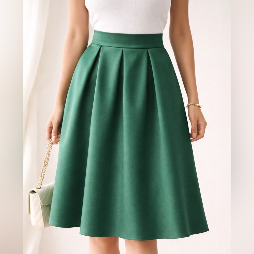 Emerald Green Satin Midi Skirt A-Line Formal Occasion